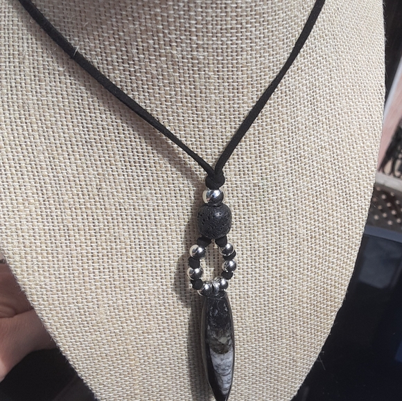 Beautiful Orthoceras Fossil/Genuine Black Leather Cord/ Lava Stone Necklace - Picture 6 of 8